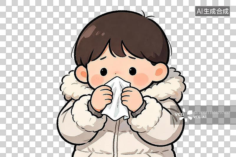 【AI数字艺术】男孩生病擤鼻涕卡通人物插画图片素材