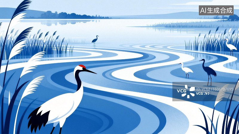【AI数字艺术】湖畔白鹤与芦苇风景图片素材