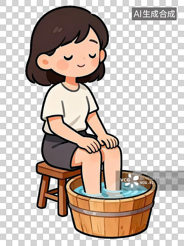 【AI数字艺术】女孩泡脚养生卡通人物插画图片素材