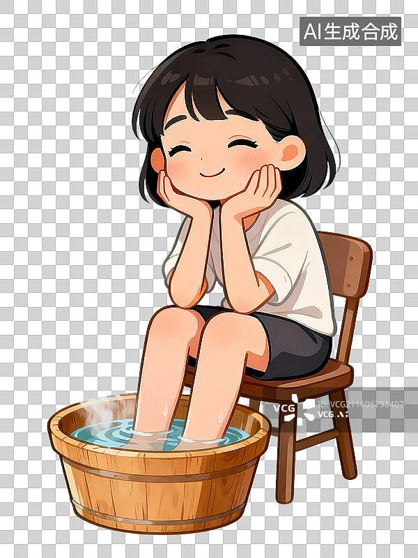 【AI数字艺术】女孩泡脚养生卡通人物插画图片素材