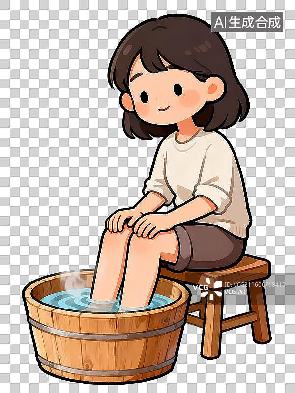 【AI数字艺术】女孩泡脚养生卡通人物插画图片素材