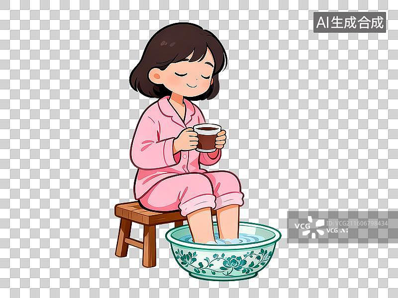 【AI数字艺术】女孩泡脚养生卡通人物插画图片素材