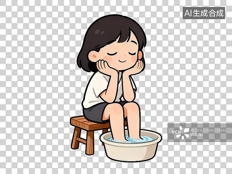 【AI数字艺术】女孩泡脚养生卡通人物插画图片素材