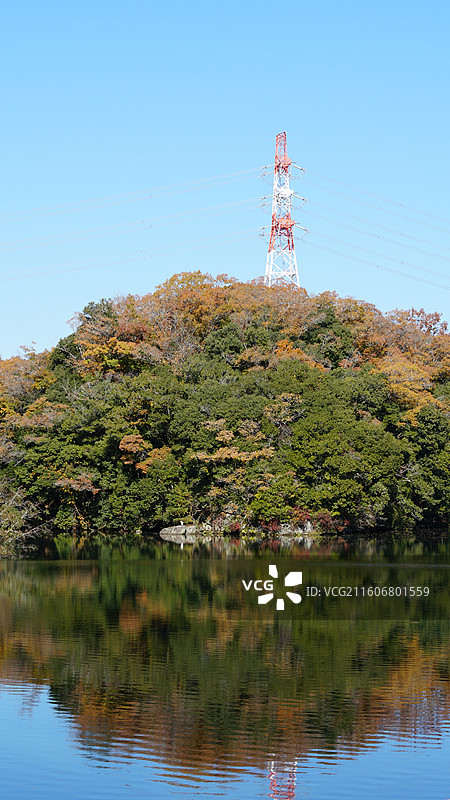 秋天平静的湖面与桥梁图片素材