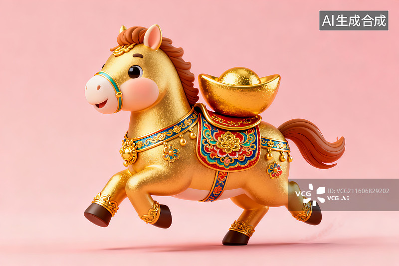【AI数字艺术】金色骏马驮金元宝摆件图片素材