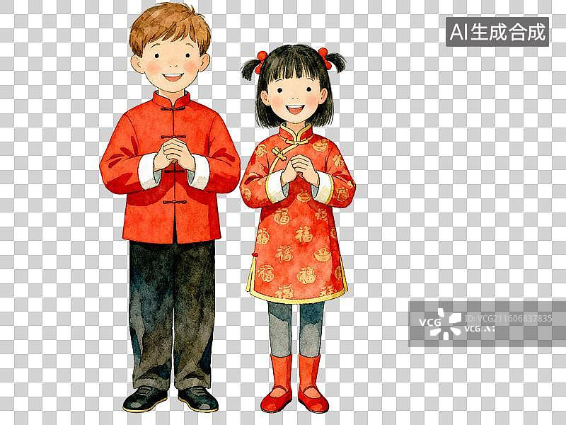 【AI数字艺术】作揖拜年的男孩女孩 春节新年插画主题图片素材