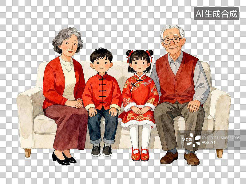 【AI数字艺术】春节全家福 坐在沙发上拍照的一家人 春节新年插画主题图片素材