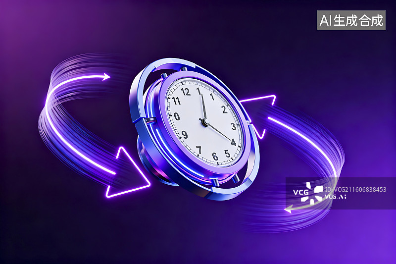 【AI数字艺术】带旋转箭头的时钟展现时间循环图片素材