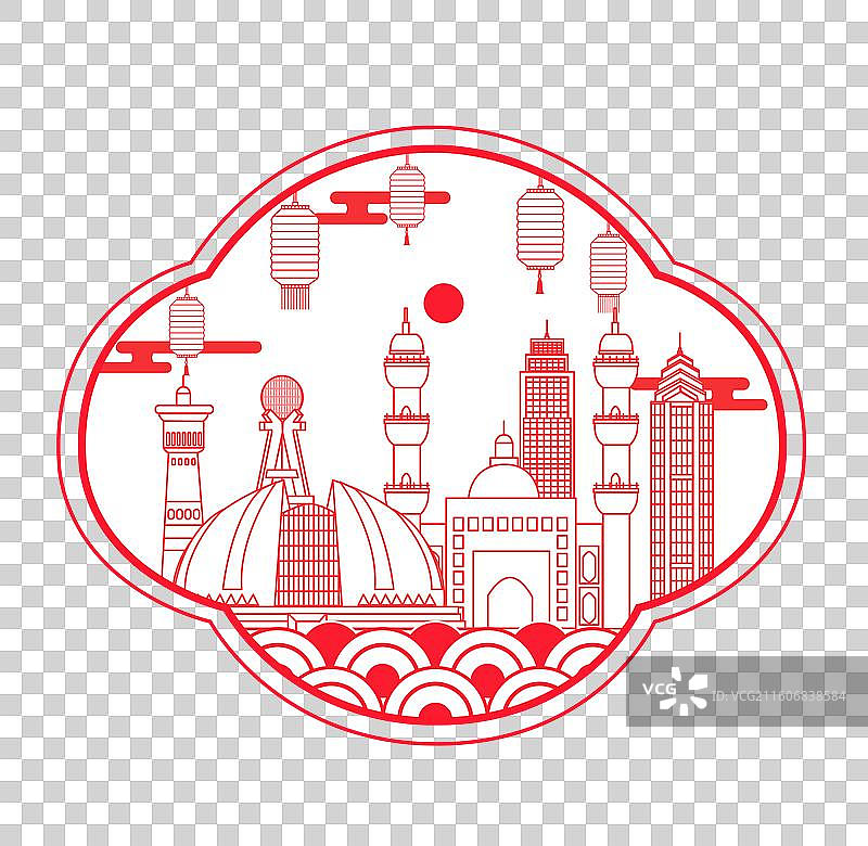 新疆红色传统工艺刻纸剪纸文化新年灯笼城市图片素材