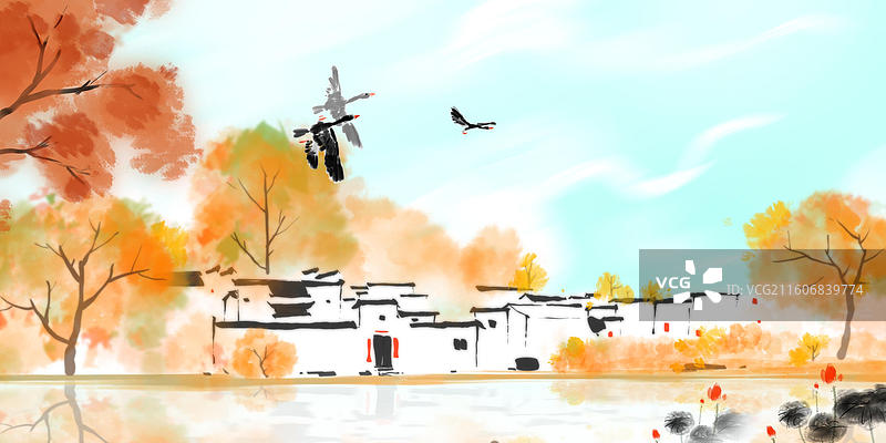中国风 水墨画 插画 图画书 秋天 江南水乡 新农村 乡村 建筑 枫叶 大雁图片素材
