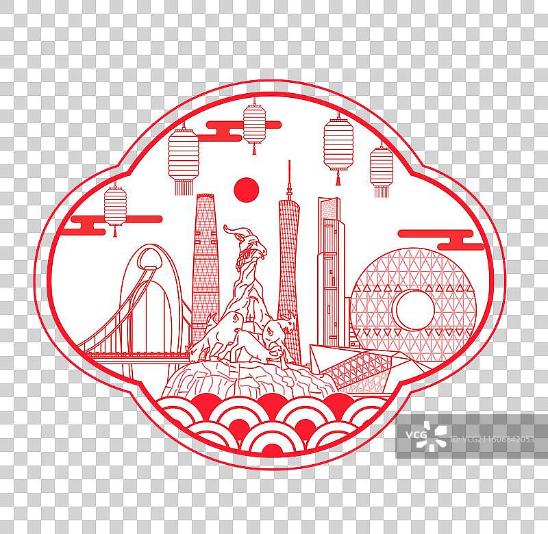 广州红色传统工艺刻纸剪纸文化新年灯笼城市图片素材