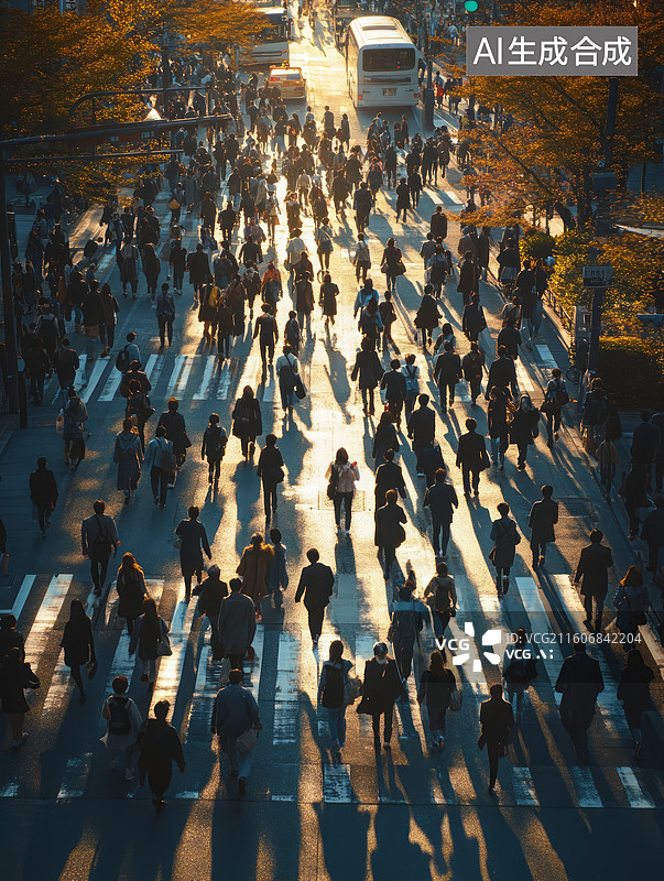 【AI数字艺术】城市繁忙十字路口行人穿越斑马线俯视图图片素材