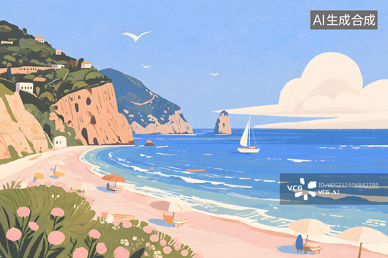 【AI数字艺术】夏日海滨度假插画图片素材