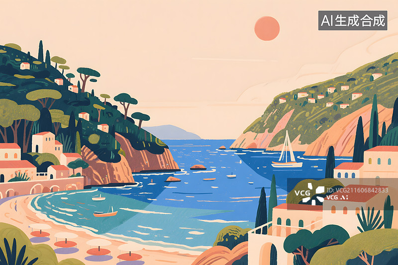 【AI数字艺术】夏日海滨度假插画图片素材