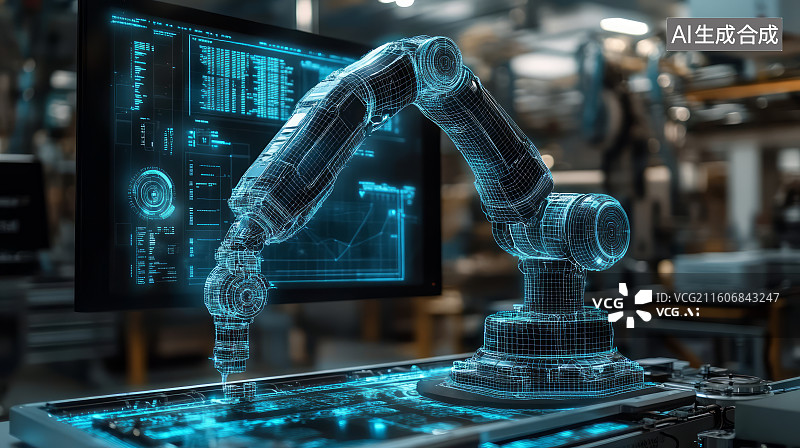 【AI数字艺术】工业机械臂科技全息透视图，智能制造概念图片素材