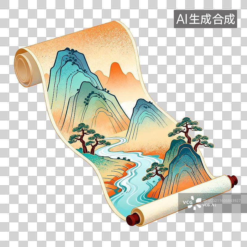 【AI数字艺术】山水画卷插画图片素材