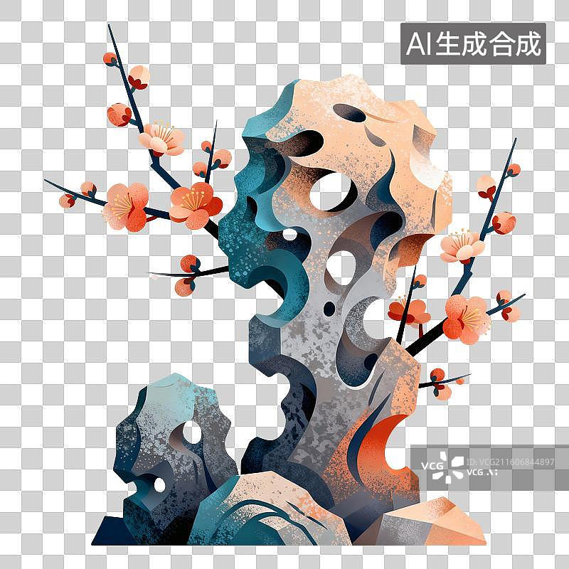【AI数字艺术】太湖石桃花插画图片素材