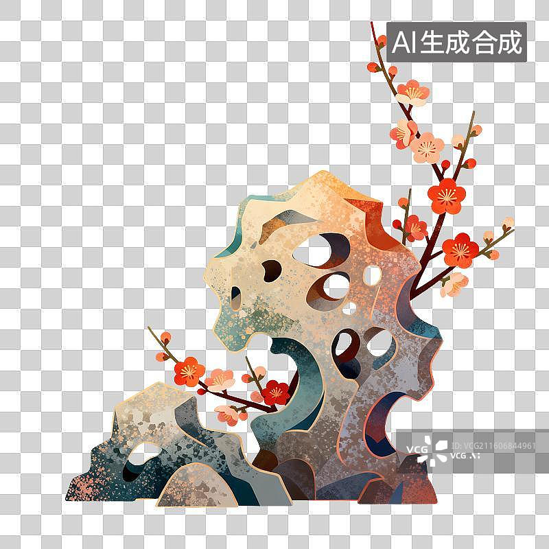 【AI数字艺术】太湖石桃花插画图片素材