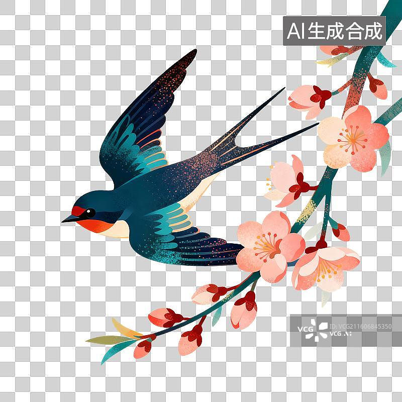 【AI数字艺术】春天燕子桃花插画图片素材