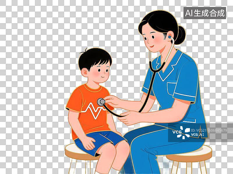 【AI数字艺术】女医生女护士用听诊器检查儿童心脏体检诊断图片素材