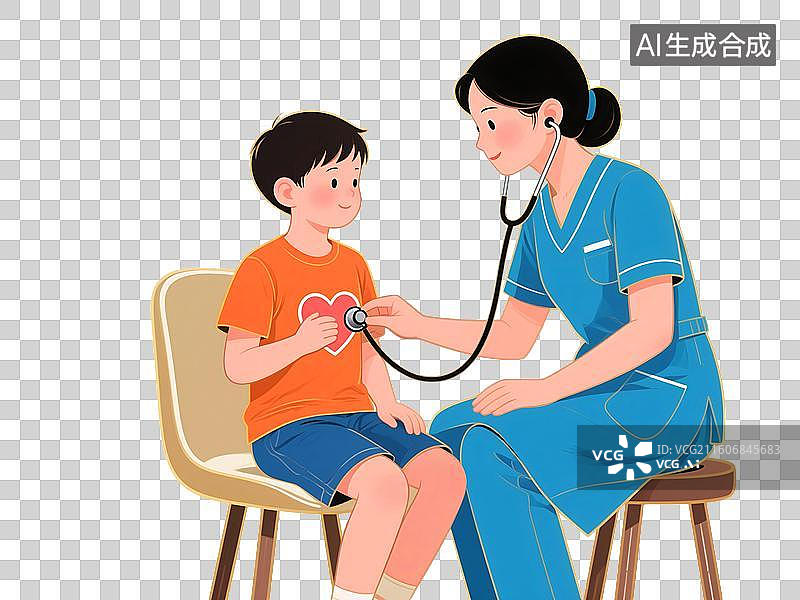 【AI数字艺术】女医生女护士用听诊器检查儿童心脏体检诊断图片素材