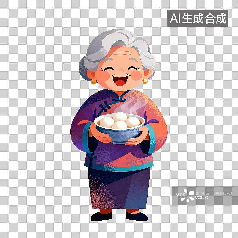 【AI数字艺术】老奶奶拿着一碗汤圆美食节日插画图片素材