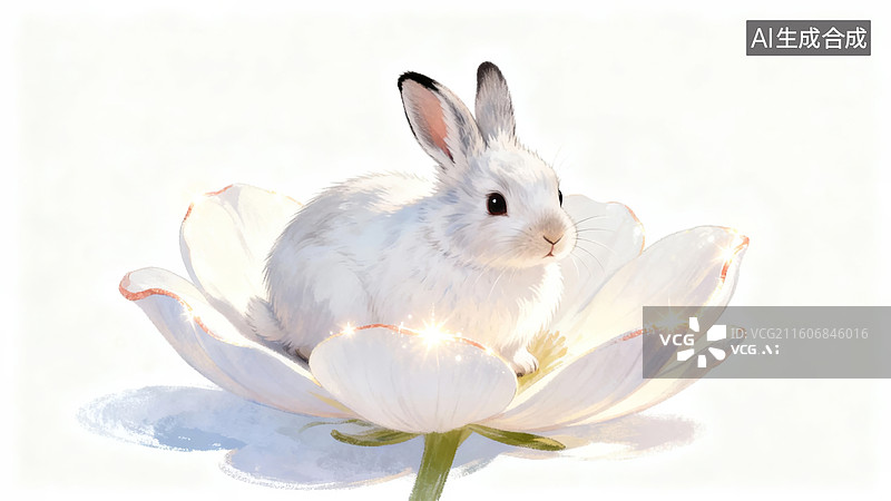 【AI数字艺术】白兔静坐莲花之上图片素材