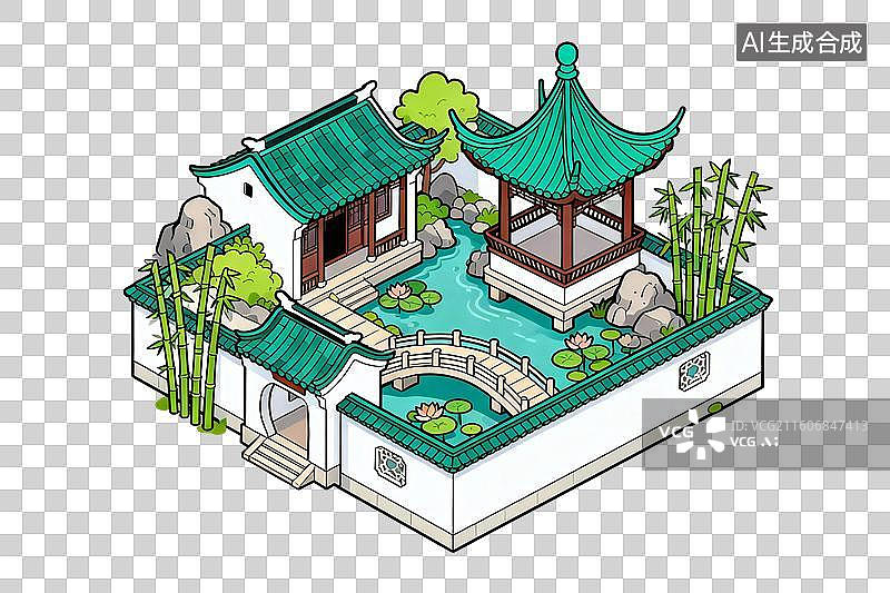 【AI数字艺术】卡通风格，一座江南园林PNG格式的免扣元素图片素材