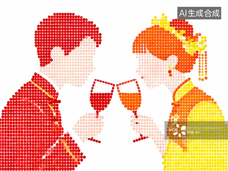 【AI数字艺术】中式婚礼新人交杯酒2D平面设计感点阵像素风格插画图片素材