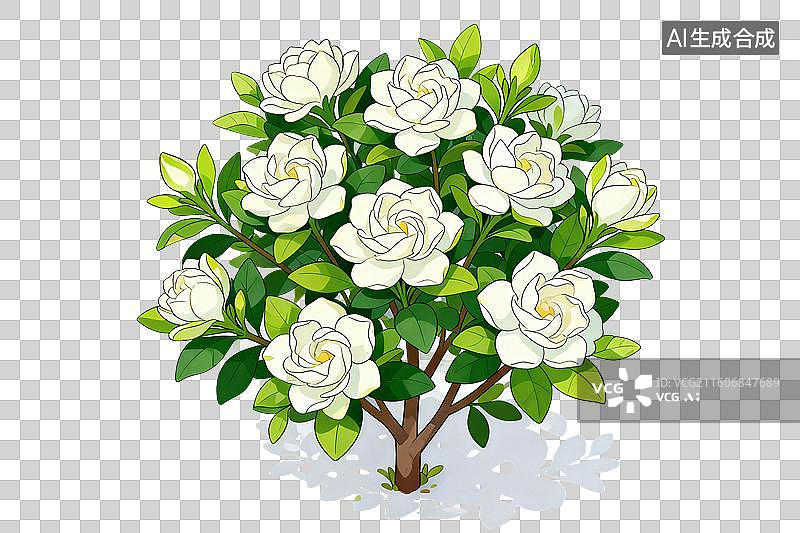【AI数字艺术】卡通风格，一棵栀子花树PNG格式的免扣元素图片素材
