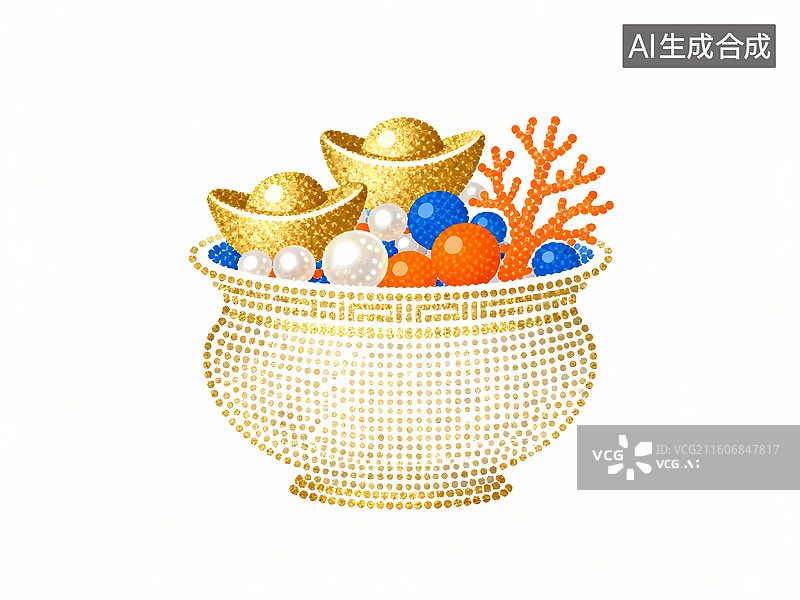 【AI数字艺术】聚宝盆珊瑚元宝珍珠2D平面设计感点阵像素风格插画图片素材
