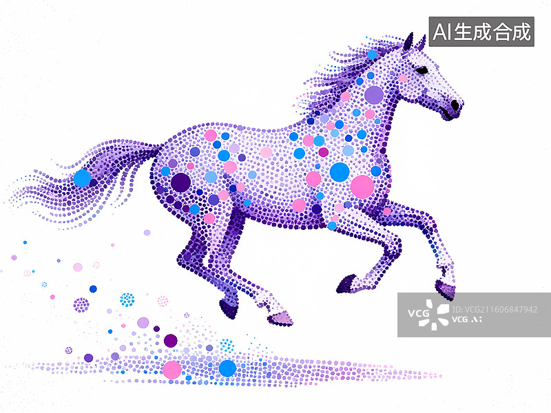 【AI数字艺术】奔马动感紫色粉色2D平面设计感点阵像素风格插画图片素材