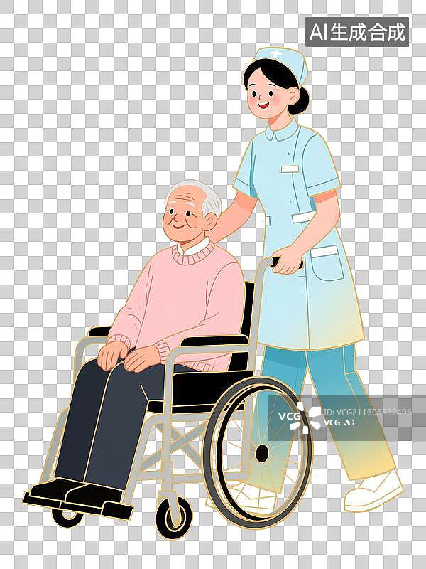 【AI数字艺术】女护士推着坐轮椅的老人，国潮风扁平插画元素图片素材