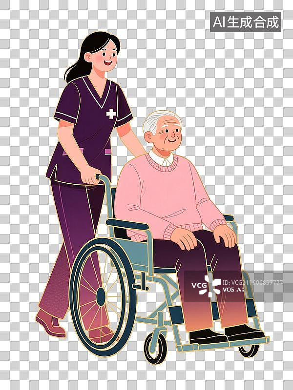 【AI数字艺术】女护士推着坐轮椅的老人，国潮风扁平插画元素图片素材