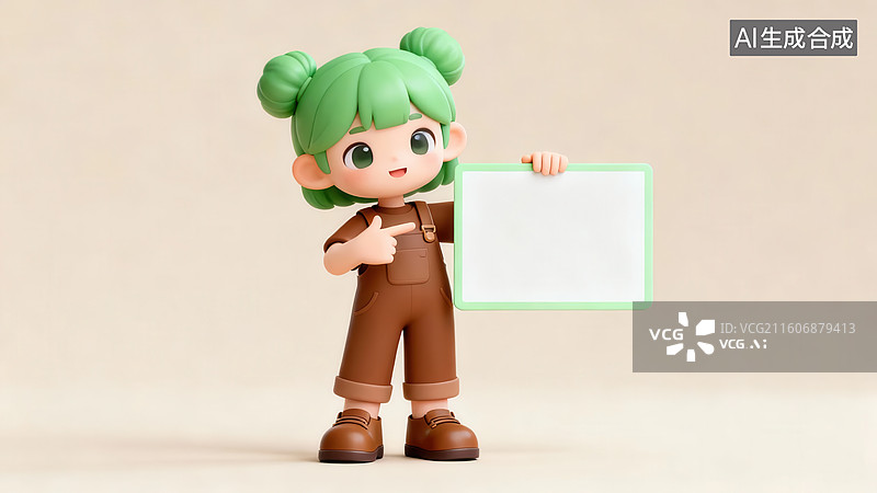 【AI数字艺术】绿色头发女孩手持空白板图片素材