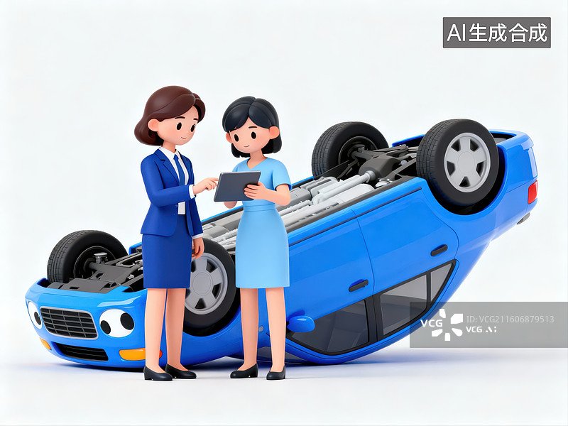 【AI数字艺术】两位女性在翻倒的汽车旁讨论图片素材