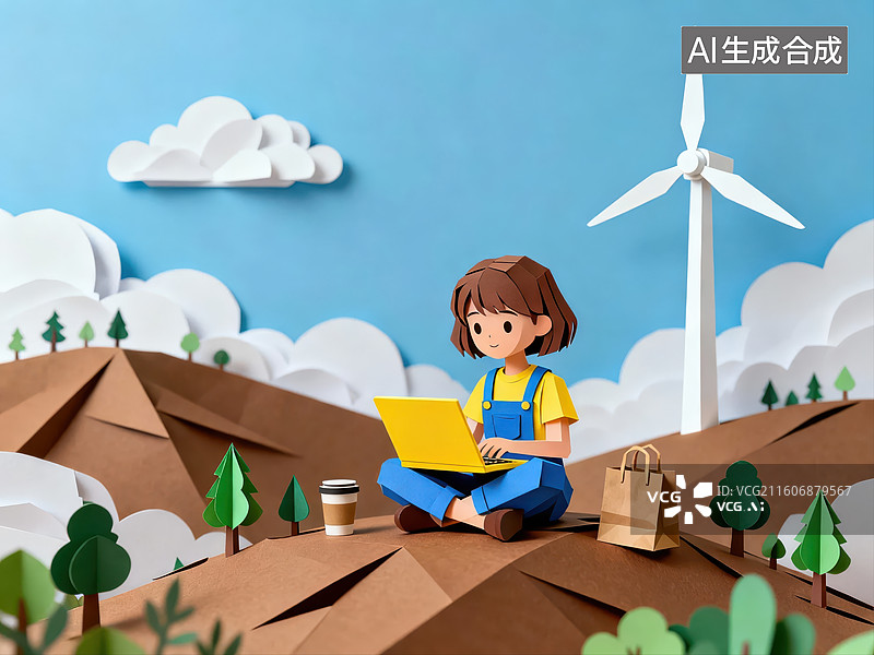 【AI数字艺术】女孩在风车旁使用笔记本电脑图片素材