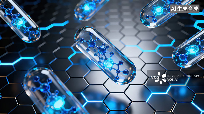 【AI数字艺术】透明胶囊中的分子结构图片素材