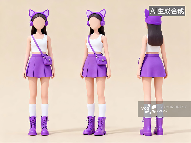 【AI数字艺术】紫色猫耳女孩三视图图片素材