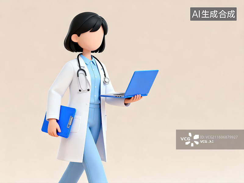 【AI数字艺术】医生手持笔记本电脑行走图片素材
