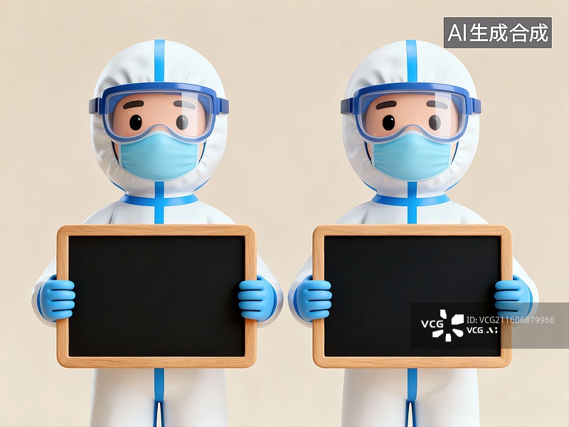【AI数字艺术】两名穿防护服人员持黑板图片素材