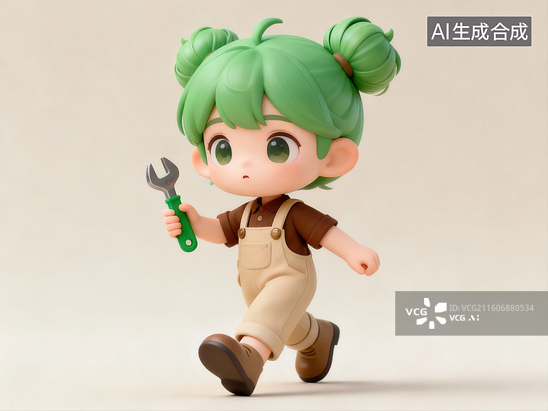 【AI数字艺术】绿色头发女孩手持扳手奔跑图片素材