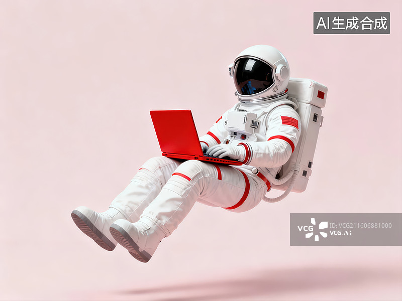 【AI数字艺术】宇航员悬浮使用笔记本电脑图片素材