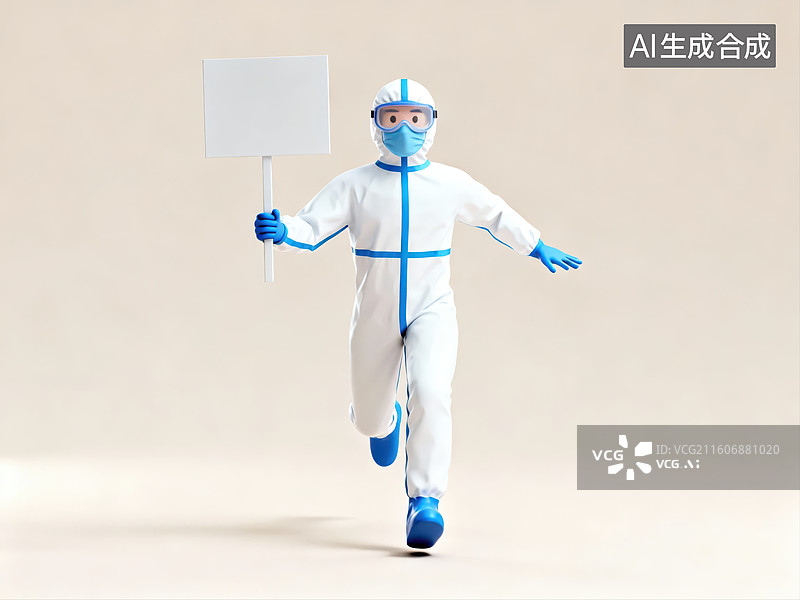 【AI数字艺术】身穿防护服的人手持标牌奔跑图片素材