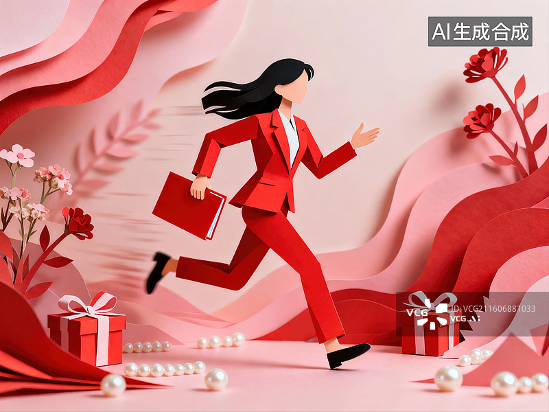 【AI数字艺术】穿红衣的女性奔跑在花丛中图片素材