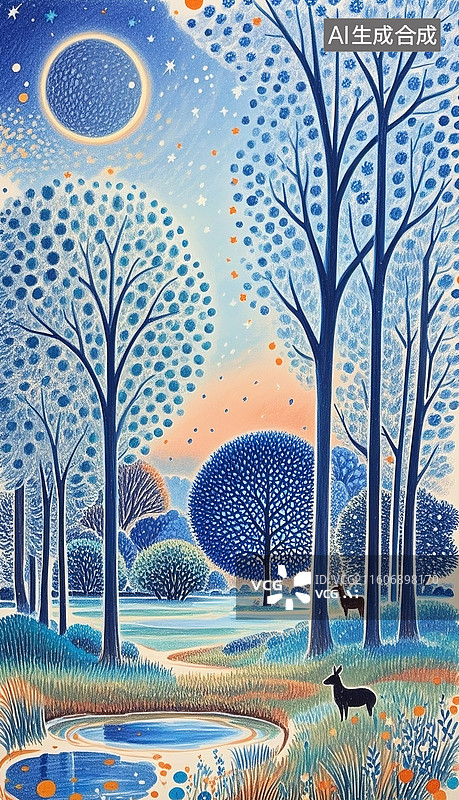 【AI数字艺术】手绘铅笔勾线油画，奇幻天空， 草原的夜晚，树林，神密而富有诗意，呈现超现实主义的梦幻美景图片素材