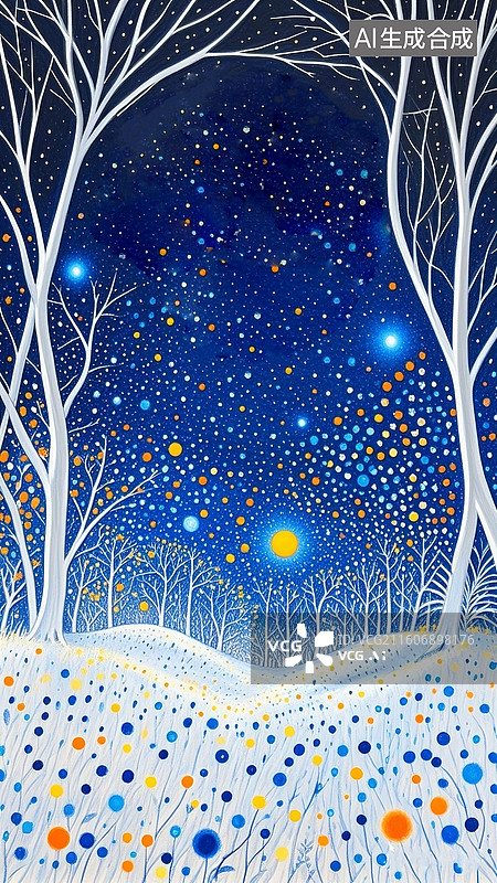 【AI数字艺术】手绘铅笔勾线油画，奇幻天空， 草原的夜晚，树林，神密而富有诗意，呈现超现实主义的梦幻美景图片素材