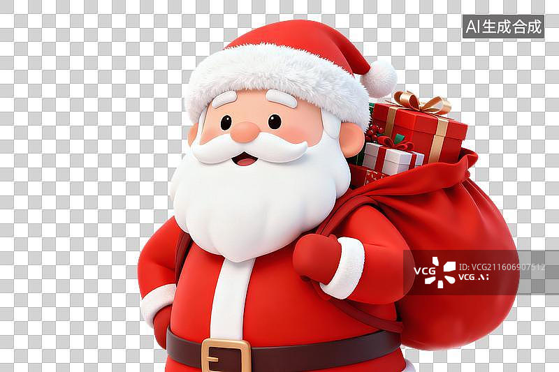 【AI数字艺术】卡通风格，背着圣诞礼物的圣诞老人PNG格式的免扣元素图片素材