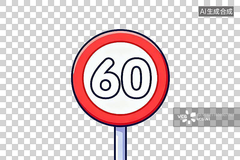 【AI数字艺术】卡通风格，限速60交通标识PNG格式的免扣元素图片素材