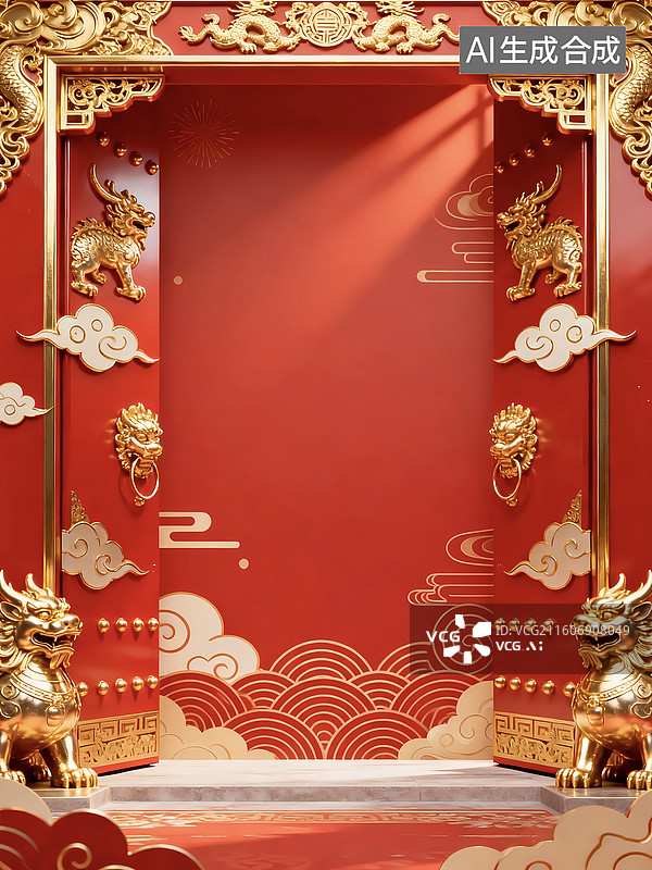 【AI数字艺术】新年贺词背景开工大吉红色宫门背景图片素材
